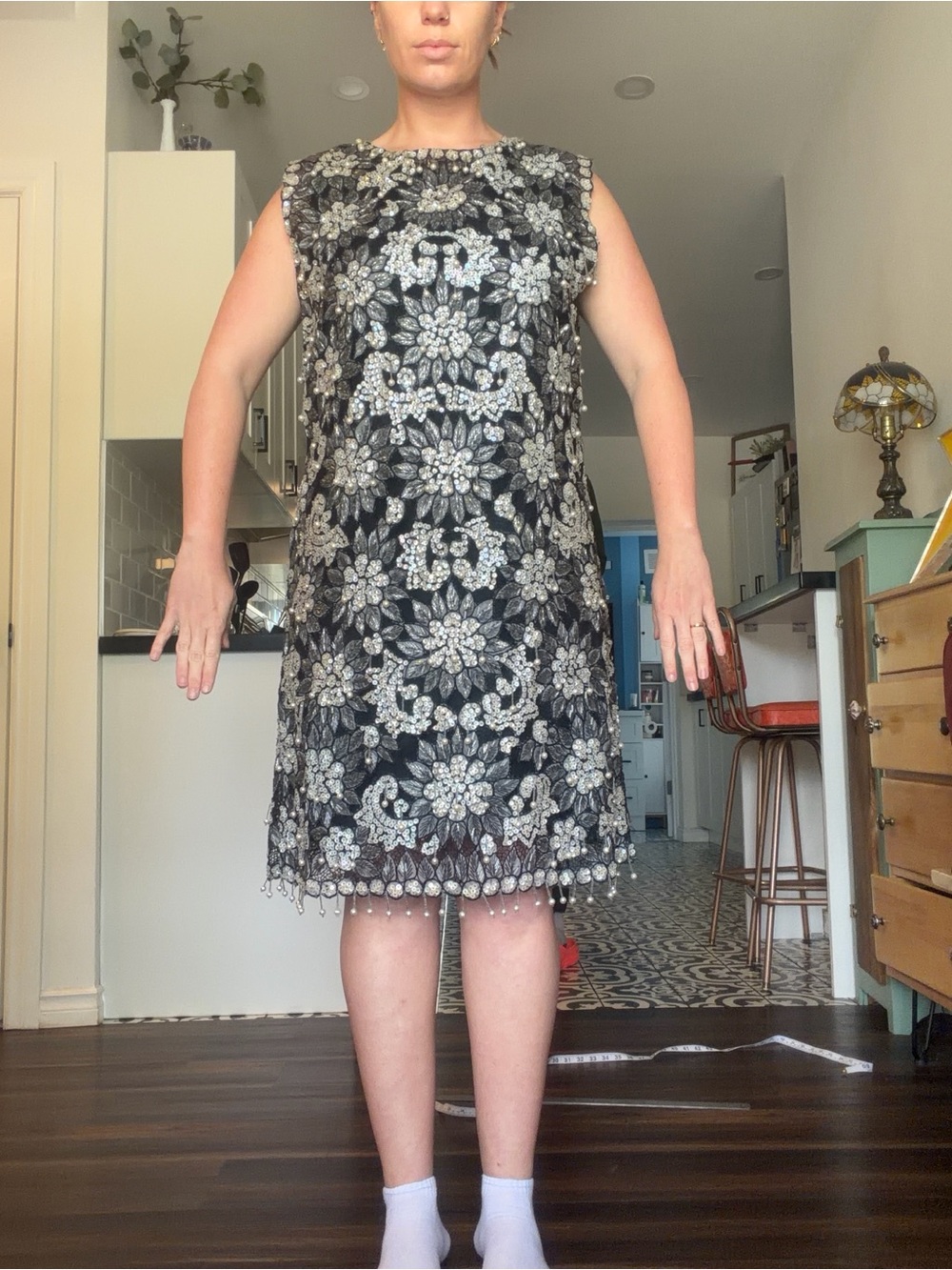 Vintage 60s Embellished Black Floral Beaded and pearls Shift Dress with slip - Picture 11 of 17